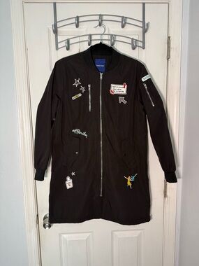 Frank Stone Long Bomber Jacket with Embroidered Patches